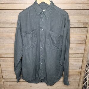 Hugo Boss Mens Green Shirt Button Up Long Sleeve Size M 100% Linen